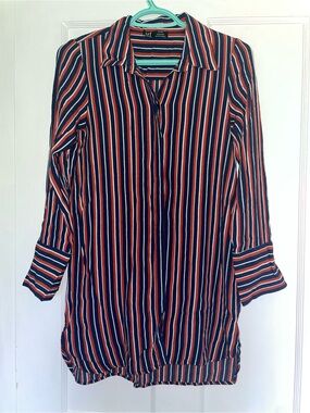 Zara Striped Button-Front Tunic Top - Navy, Orange & White